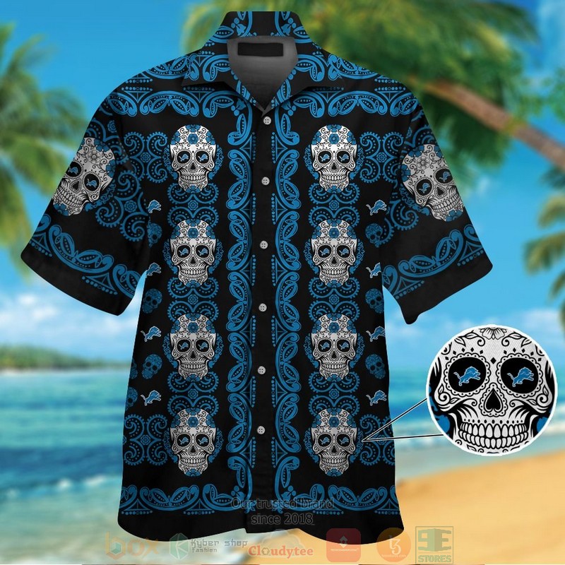 Detroit Lions Sugar Skull black blue hawaiian shirt and shorts