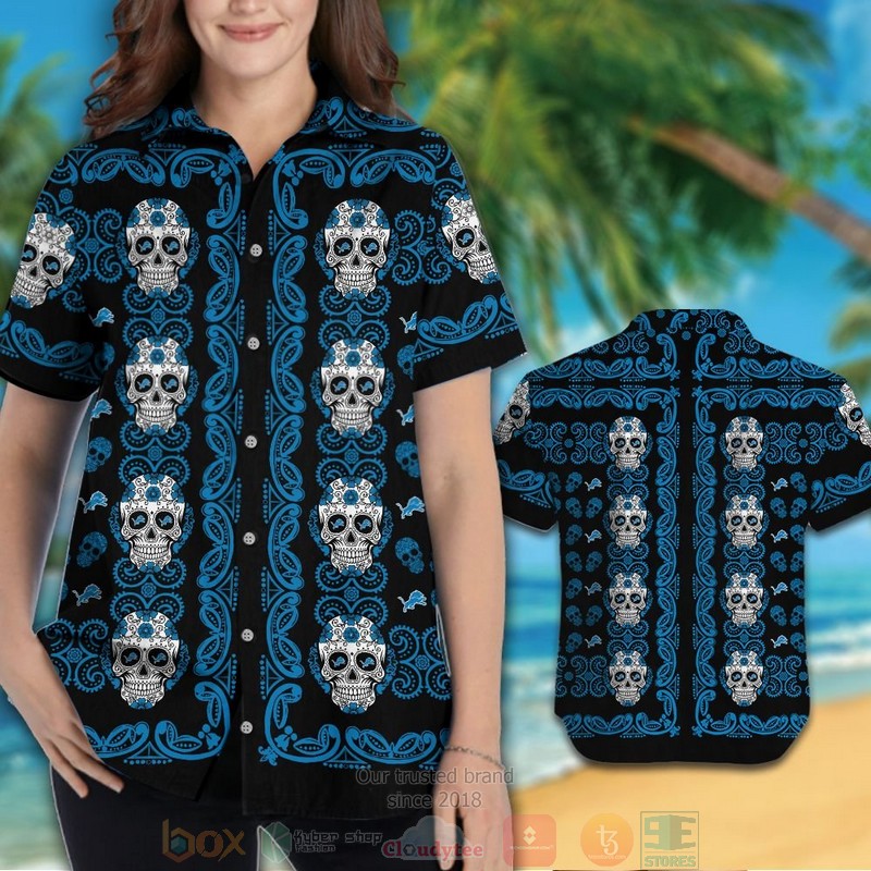 Detroit Lions Sugar Skull black blue hawaiian shirt and shorts 1 2
