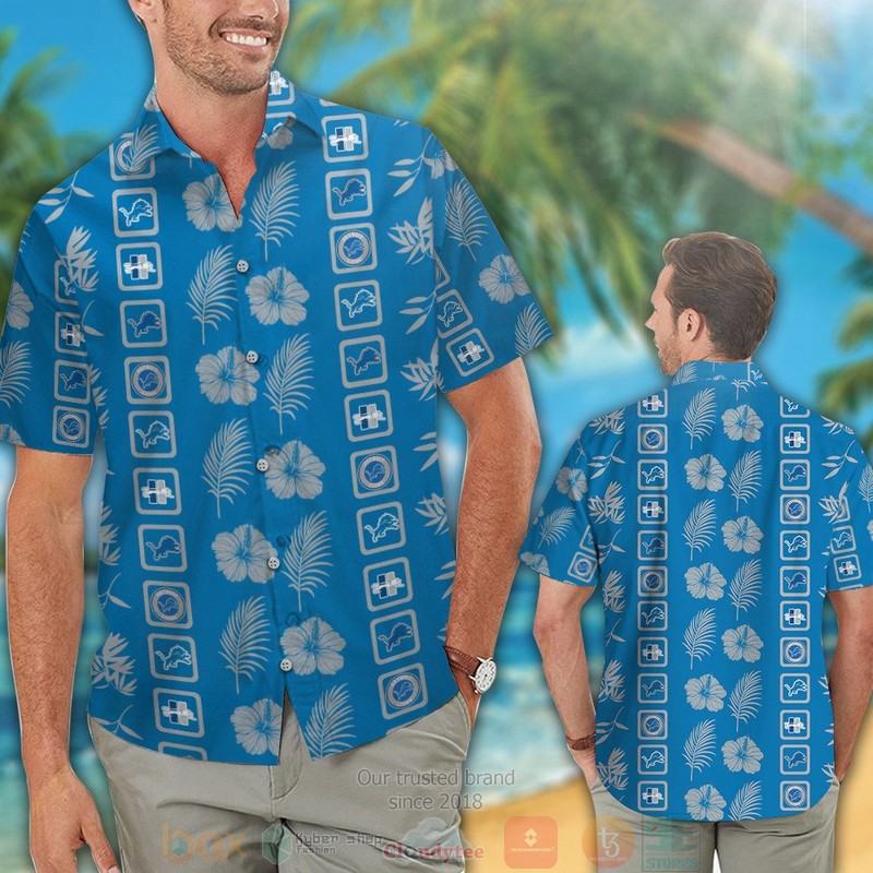 HOT Detroit Lions logo tropical plant blue hawaiian shirt and shorts 2 Detroit Lions logo tropical plant blue hawaiian shirt and shorts 1