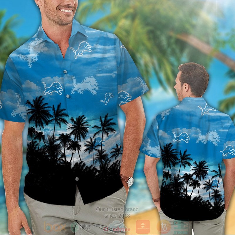 HOT Detroit Lions palm tree blue black hawaiian shirt and shorts 2 Detroit Lions palm tree blue black hawaiian shirt and shorts 1