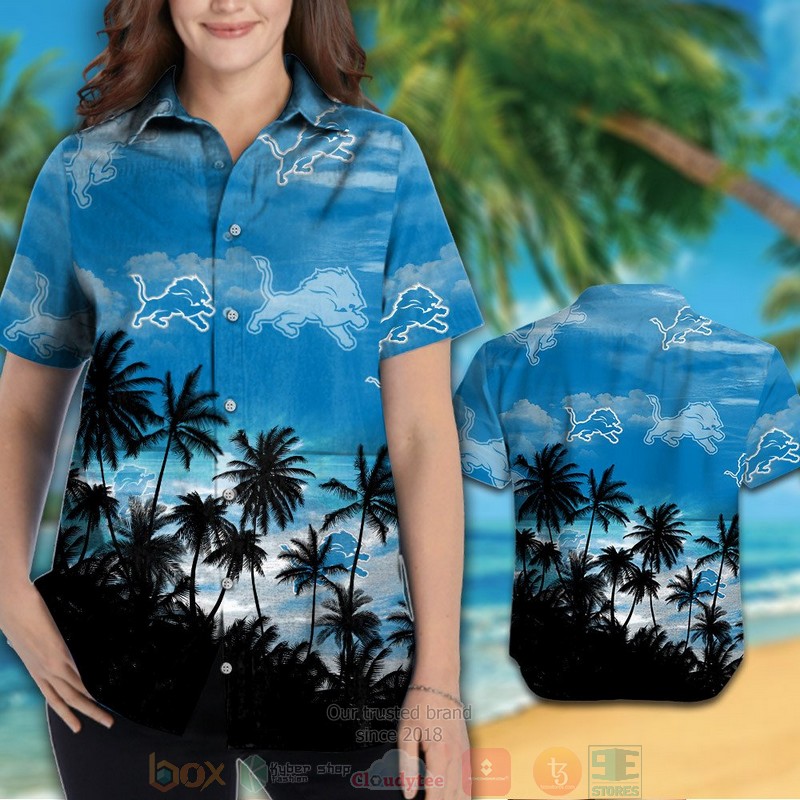 HOT Detroit Lions palm tree blue black hawaiian shirt and shorts 3 Detroit Lions palm tree blue black hawaiian shirt and shorts 1 2