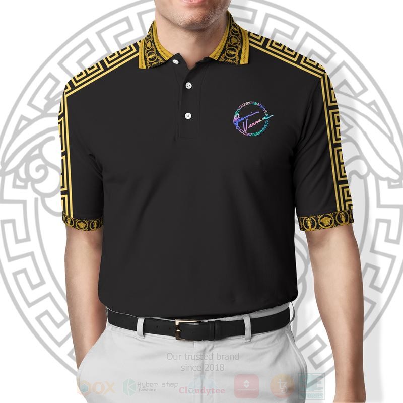 Gianni Versace Pattern Full Black Yellow Polo Shirt