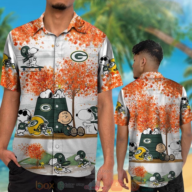 HOT Green Bay Packers Snoopy Charlie Brown Autumn hawaiian shirt and shorts 2 Green Bay Packers Snoopy Charlie Brown Autumn hawaiian shirt and shorts 1