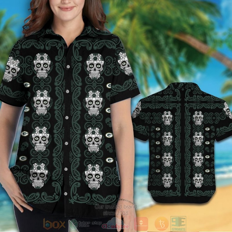 HOT Green Bay Packers Sugar Skull hawaiian shirt and shorts 3 Green Bay Packers Sugar Skull hawaiian shirt and shorts 1 2