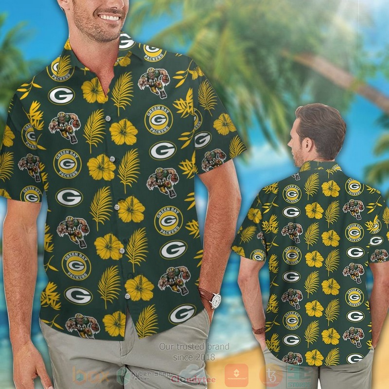 HOT Green Bay Packers logo Hibiscus yellow green hawaii shirt, shorts 2 Green Bay Packers logo Hibiscus yellow green hawaii shirt shorts 1