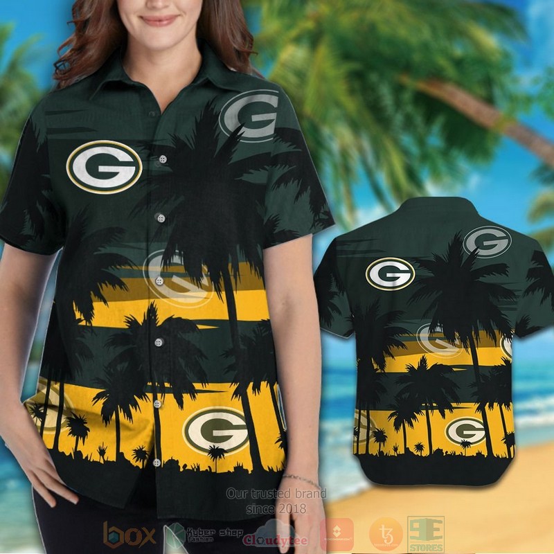 Green Bay Packers palm tree dark green hawaiian shirt and shorts 1 2