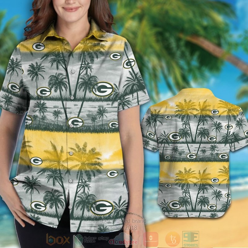 HOT Green Bay Packers palm tree yellow grey hawaiian shirt and shorts 3 Green Bay Packers palm tree yellow grey hawaiian shirt and shorts 1 2
