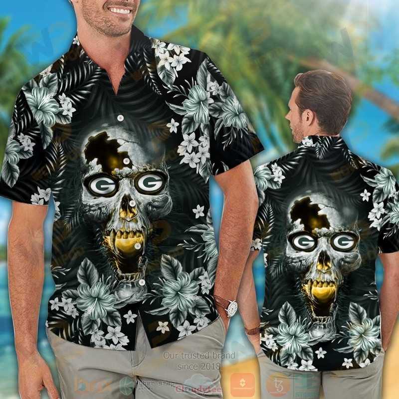 HOT Green Bay Packers skull hawaiian shirt and shorts 2 Green Bay Packers skull hawaiian shirt and shorts 1