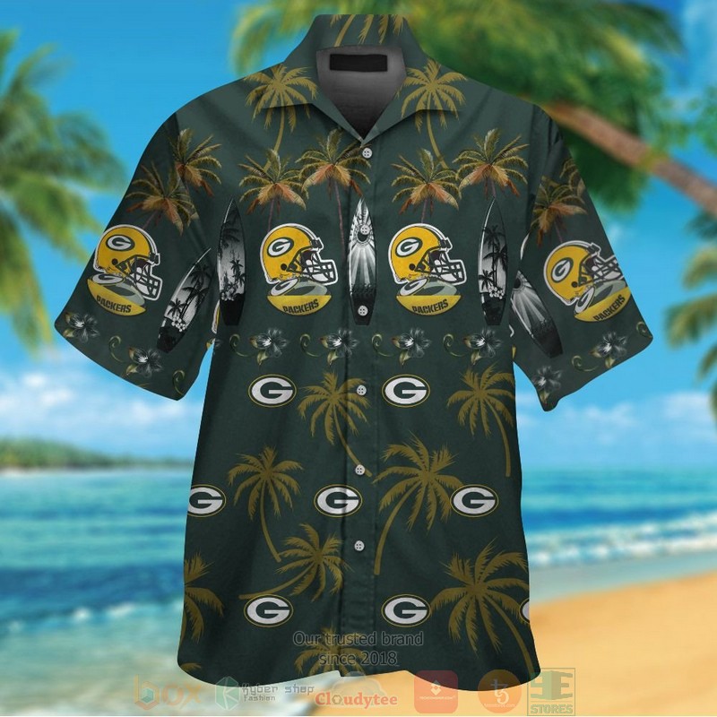 Green Bay Packers surfboard palm tree hawaiian shirt and shorts