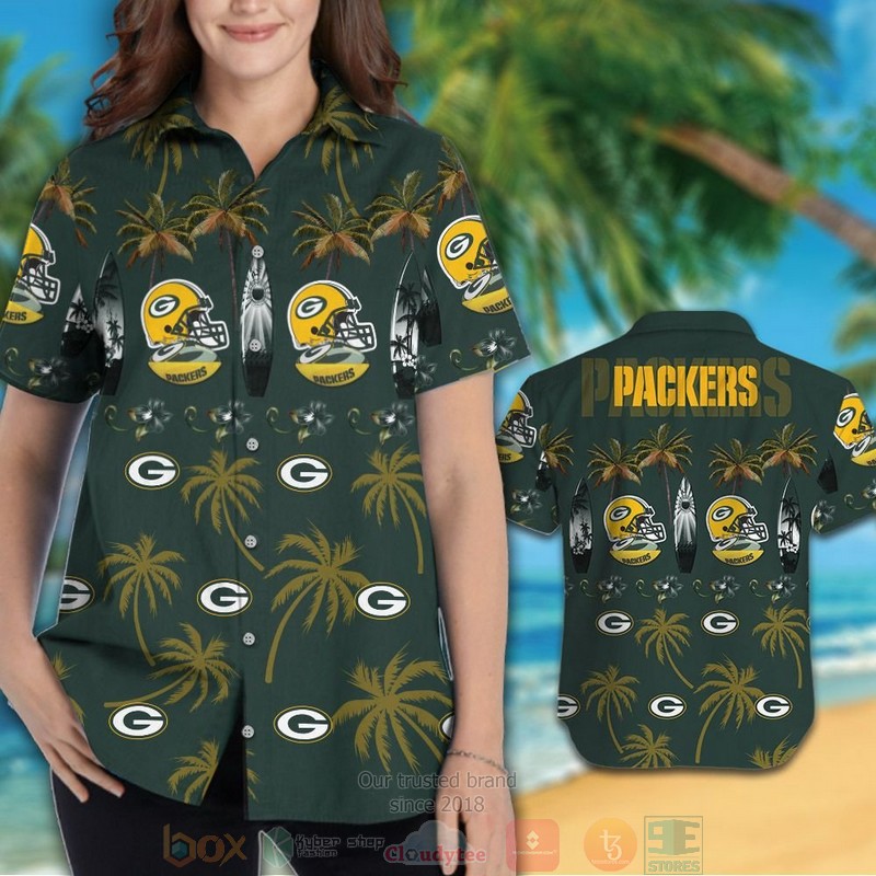 Green Bay Packers surfboard palm tree hawaiian shirt and shorts 1 2