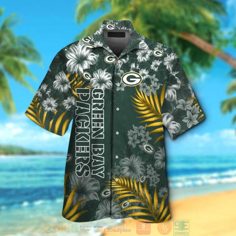 Green Bay Packers tropical plants Hibiscus green hawaiian shirt and shorts