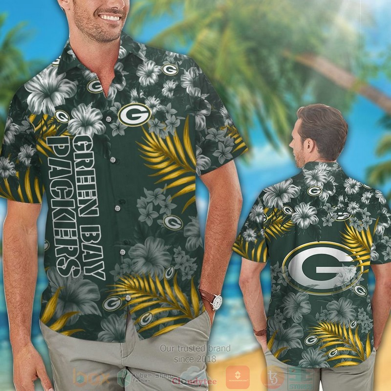 HOT Green Bay Packers tropical plants Hibiscus green hawaiian shirt and shorts 2 Green Bay Packers tropical plants Hibiscus green hawaiian shirt and shorts 1