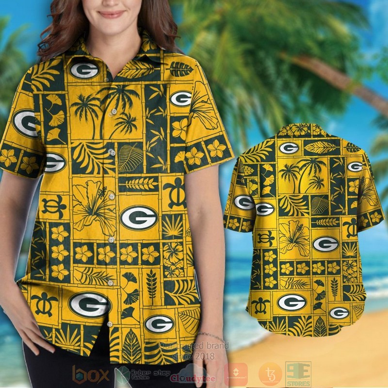 HOT Green Bay Packers tropical plants yellow hawaii shirt, shorts 3 Green Bay Packers tropical plants yellow hawaii shirt shorts 1 2