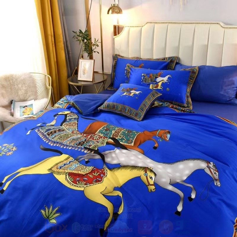 BEST Hermes Horse Full Blue Luxury Bedding Set 2 Hermes Horse Full Blue Luxury Brand Bedding Set 1