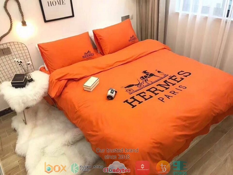 Hermes Navy logo Orange Duvet cover bedding set