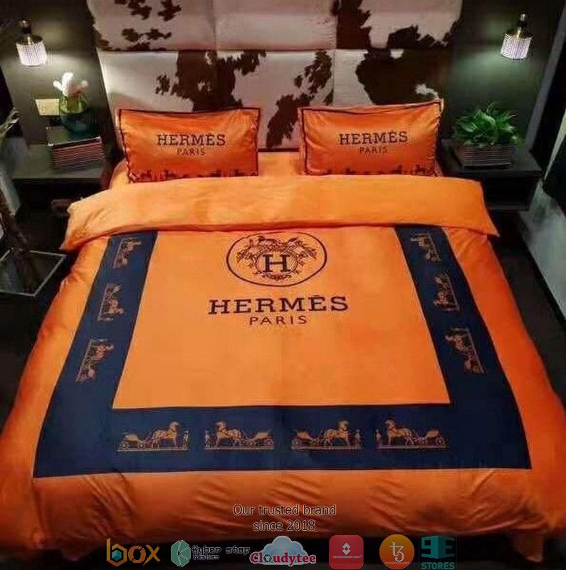 Hermes Paris Orange Navy border pattern Duvet cover bedding set