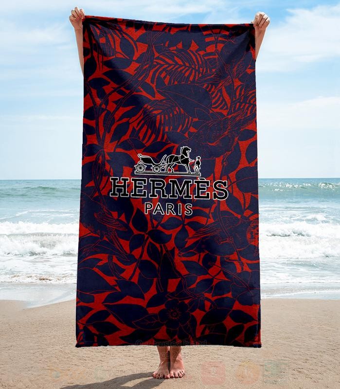 Hermes Paris Red Navy Microfiber Beach Towel