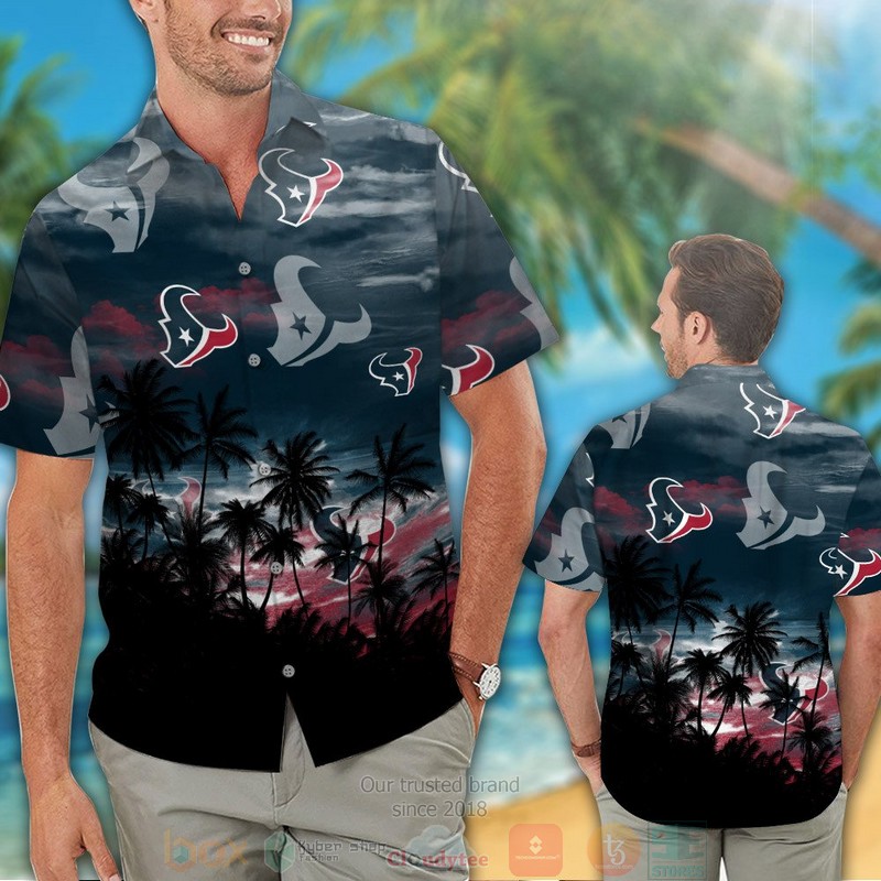 HOT Houston Texans black palm tree hawaiian shirt and shorts 2 Houston Texans black palm tree hawaiian shirt and shorts 1