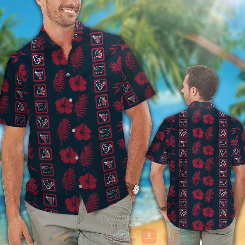 HOT Houston Texans logo red Hibiscus hawaiian shirt and shorts 2 Houston Texans logo red Hibiscus hawaiian shirt and shorts 1