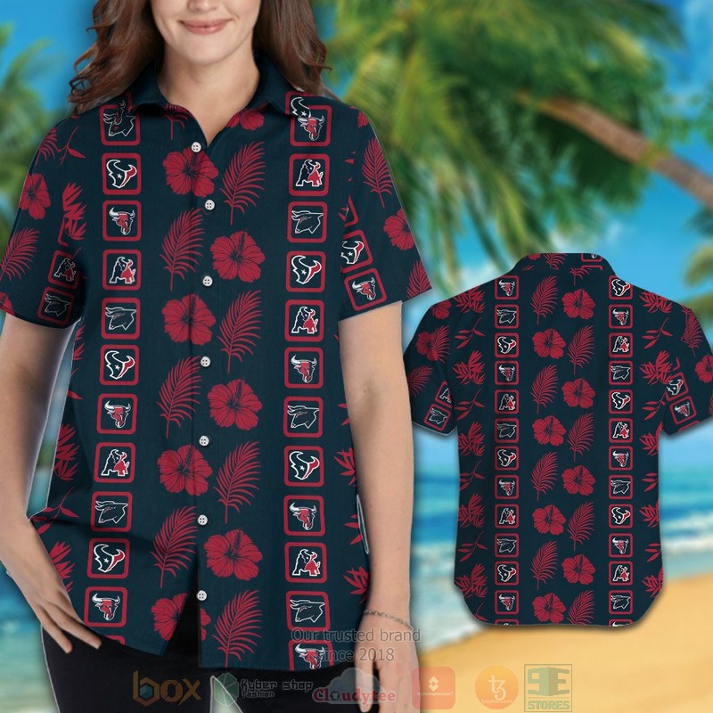 HOT Houston Texans logo red Hibiscus hawaiian shirt and shorts 3 Houston Texans logo red Hibiscus hawaiian shirt and shorts 1 2