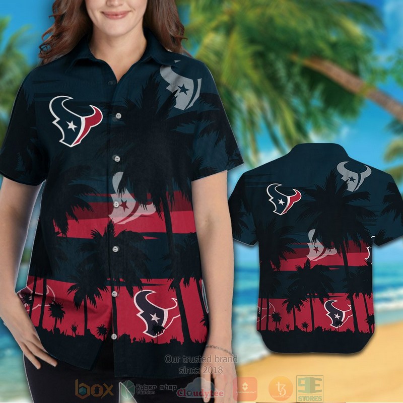 Houston Texans palm tree dark blue red hawaiian shirt and shorts 1 2