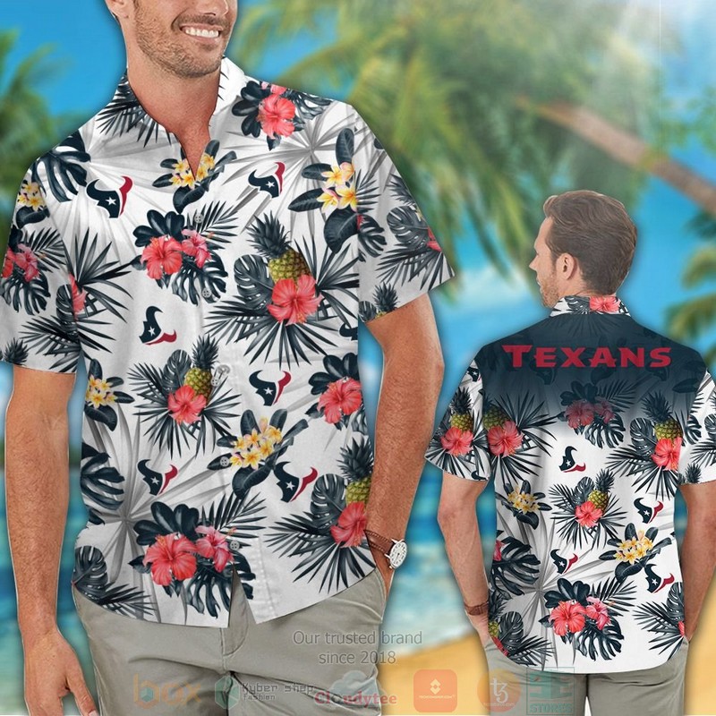 HOT Houston Texans pineapple Hibiscus hawaiian shirt and shorts 2 Houston Texans pineapple Hibiscus hawaiian shirt and shorts 1