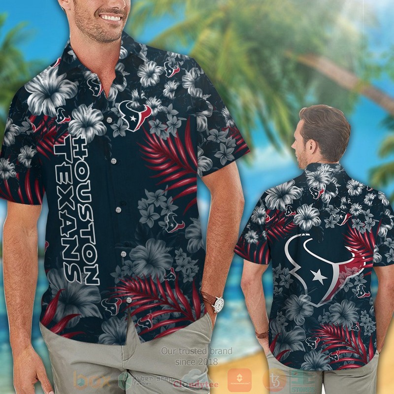 HOT Houston Texans tropical plants Hibiscus dark green hawaiian shirt and shorts 2 Houston Texans tropical plants Hibiscus dark green hawaiian shirt and shorts 1