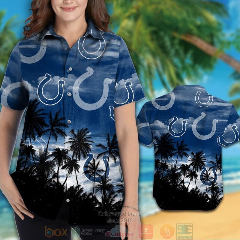 HOT Indianapolis Colts palm tree blue black hawaiian shirt and shorts 3 Indianapolis Colts palm tree blue black hawaiian shirt and shorts 1 2