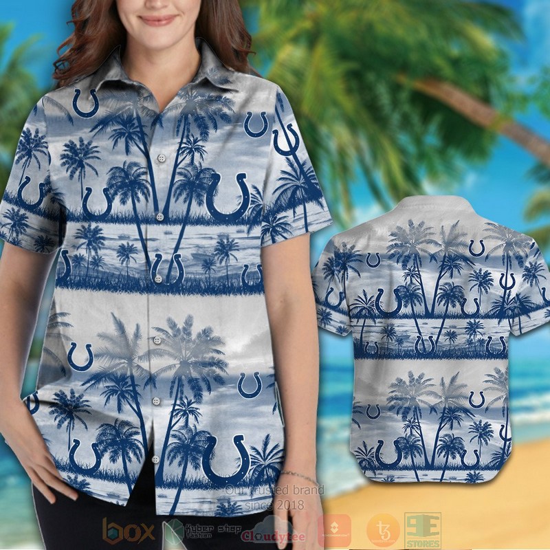 HOT Indianapolis Colts palm tree white blue hawaiian shirt and shorts 3 Indianapolis Colts palm tree white blue hawaiian shirt and shorts 1 2