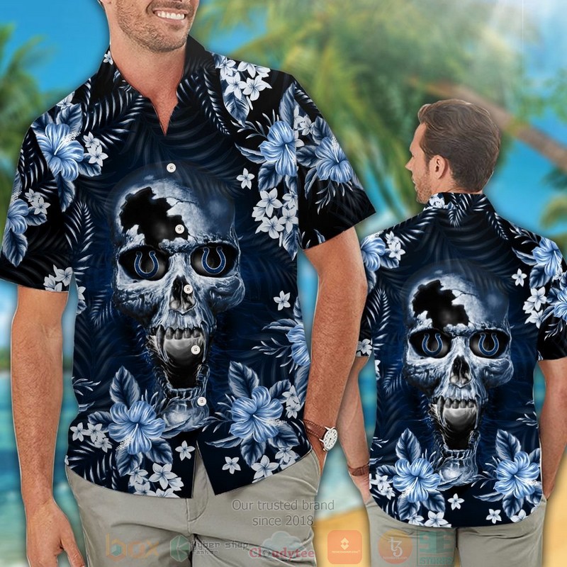 HOT Indianapolis Colts skull hawaiian shirt and shorts 2 Indianapolis Colts skull hawaiian shirt and shorts 1