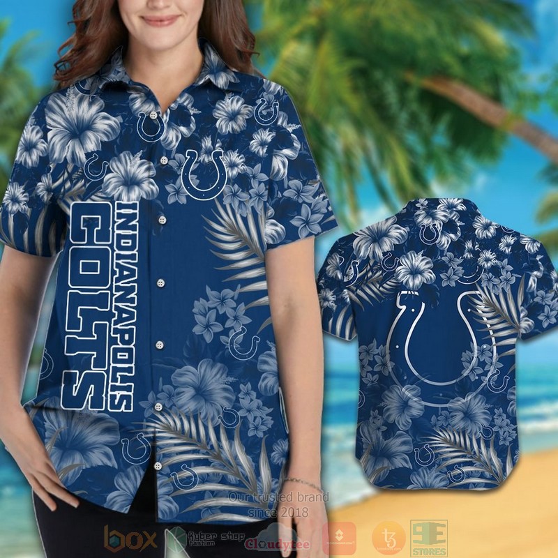 Indianapolis Colts tropical plants Hibiscus blue hawaiian shirt and shorts 1 2