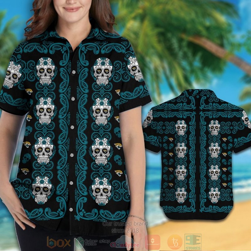 HOT Jacksonville Jaguars Sugar Skull hawaiian shirt and shorts 3 Jacksonville Jaguars Sugar Skull hawaiian shirt and shorts 1 2