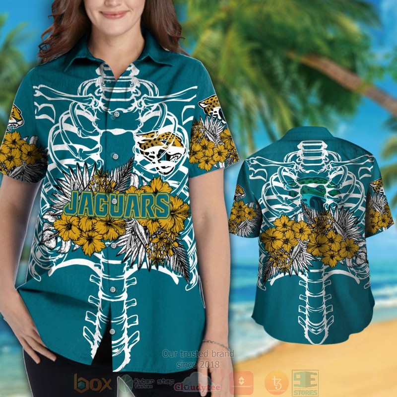 HOT Jacksonville Jaguars gold Hibiscus teal hawaii shirt, shorts 3 Jacksonville Jaguars gold Hibiscus teal hawaii shirt shorts 1 2