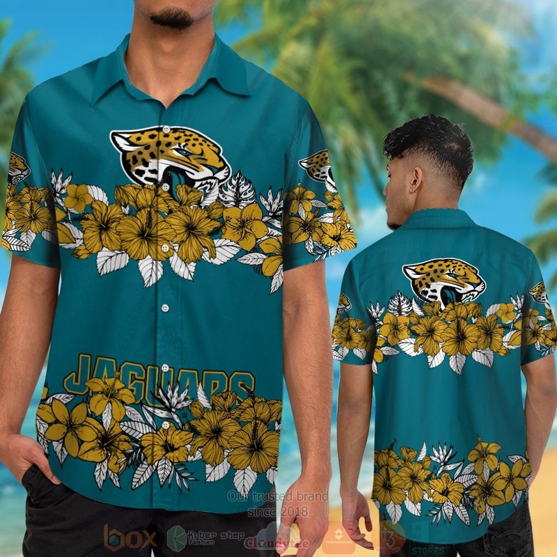 HOT Jacksonville Jaguars gold tropical plants teal hawaii shirt, shorts 2 Jacksonville Jaguars gold tropical plants teal hawaii shirt shorts 1
