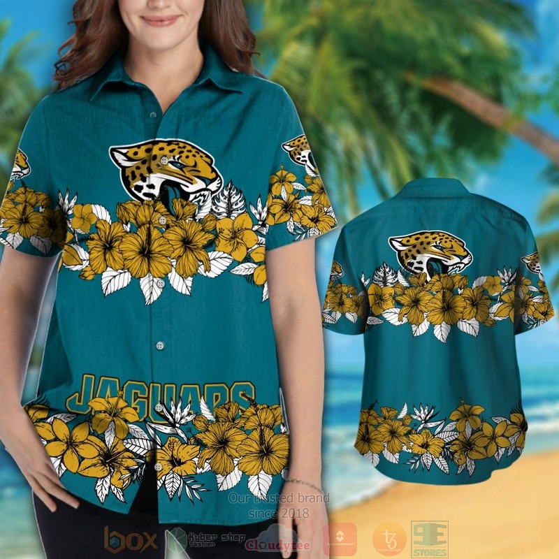 HOT Jacksonville Jaguars gold tropical plants teal hawaii shirt, shorts 3 Jacksonville Jaguars gold tropical plants teal hawaii shirt shorts 1 2