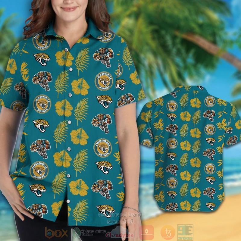 HOT Jacksonville Jaguars logo Hibiscus gold teal hawaii shirt, shorts 3 Jacksonville Jaguars logo Hibiscus gold teal hawaii shirt shorts 1 2