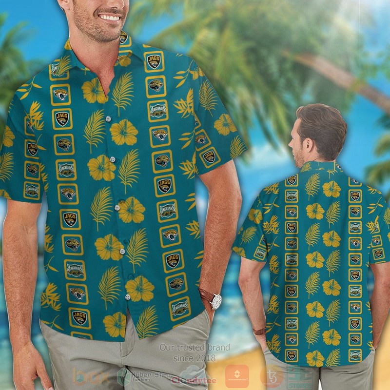 HOT Jacksonville Jaguars logo gold Hibiscus teal hawaiian shirt and shorts 2 Jacksonville Jaguars logo gold Hibiscus teal hawaiian shirt and shorts 1