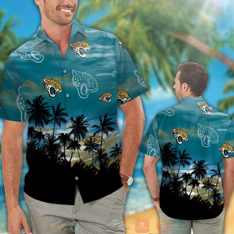 HOT Jacksonville Jaguars palm tree teal black hawaiian shirt and shorts 2 Jacksonville Jaguars palm tree teal black hawaiian shirt and shorts 1