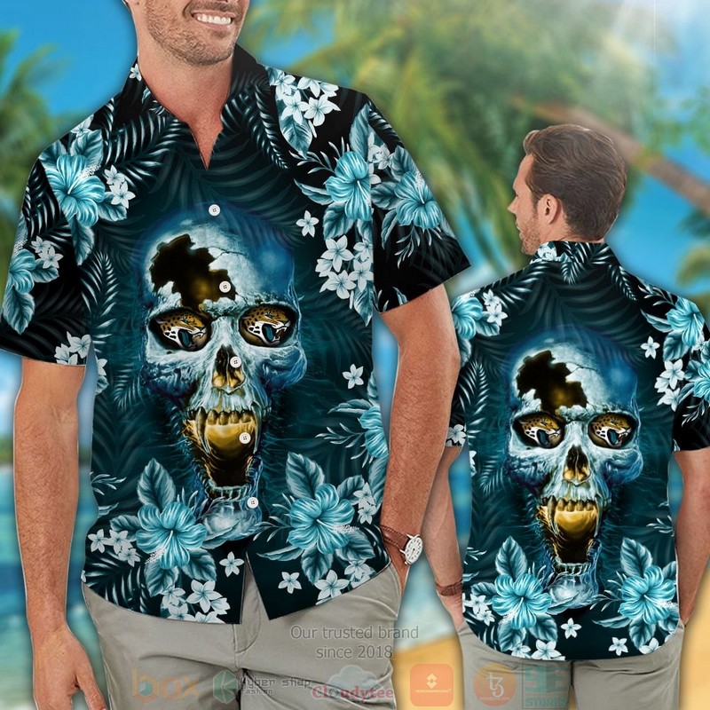 HOT Jacksonville Jaguars skull hawaiian shirt and shorts 2 Jacksonville Jaguars skull hawaiian shirt and shorts 1