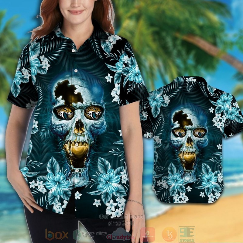 HOT Jacksonville Jaguars skull hawaiian shirt and shorts 3 Jacksonville Jaguars skull hawaiian shirt and shorts 1 2