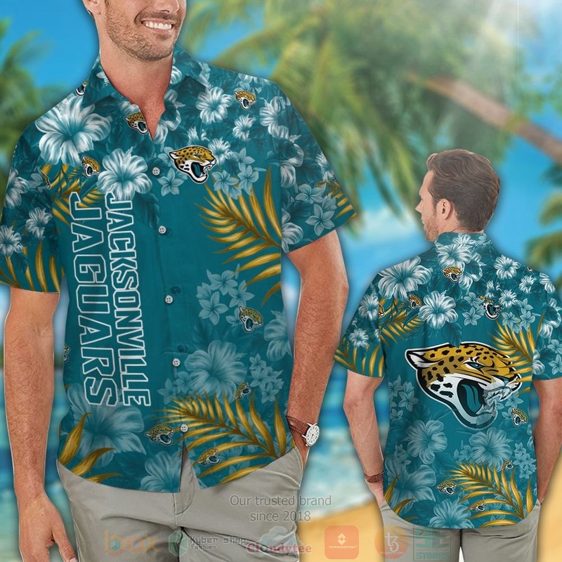 HOT Jacksonville Jaguars tropical plants Hibiscus teal hawaiian shirt and shorts 2 Jacksonville Jaguars tropical plants Hibiscus teal hawaiian shirt and shorts 1