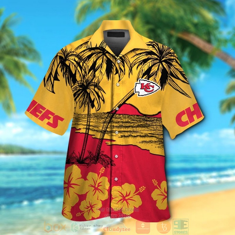 HOT Kansas City Chiefs Hibiscus yellow hawaiian shirt and shorts 12 Kansas City Chiefs Hibiscus yellow hawaiian shirt and shorts