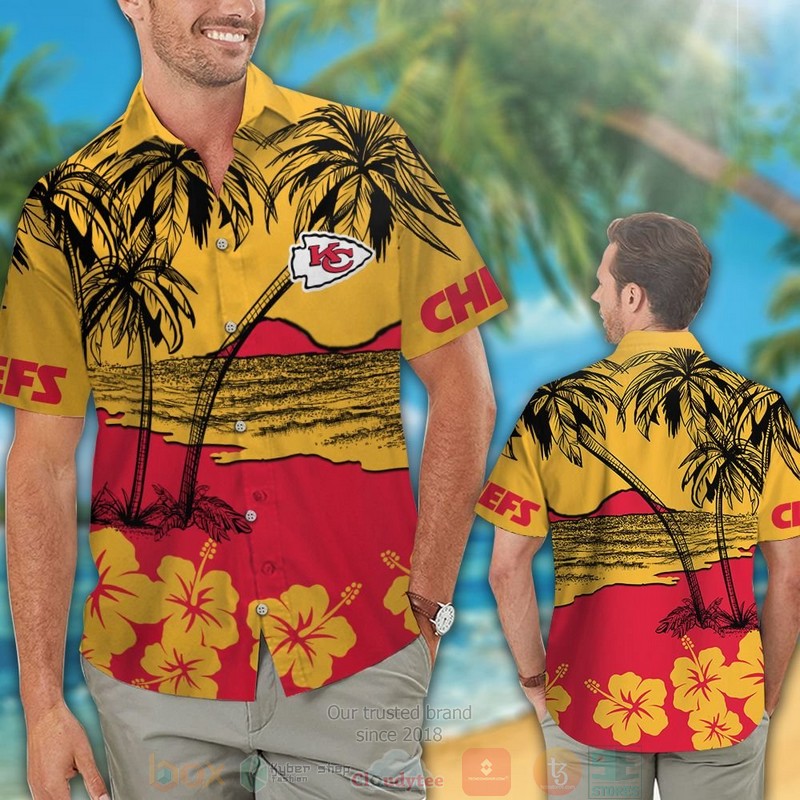 HOT Kansas City Chiefs Hibiscus yellow hawaiian shirt and shorts 2 Kansas City Chiefs Hibiscus yellow hawaiian shirt and shorts 1