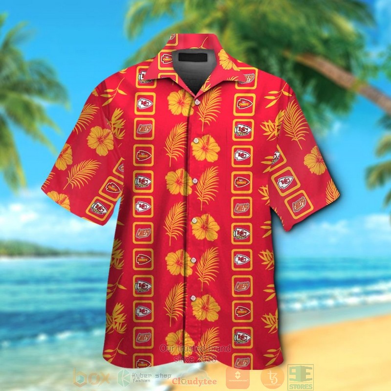 Kansas City Chiefs logo yellow Hibiscus red hawaiian shirt and shorts