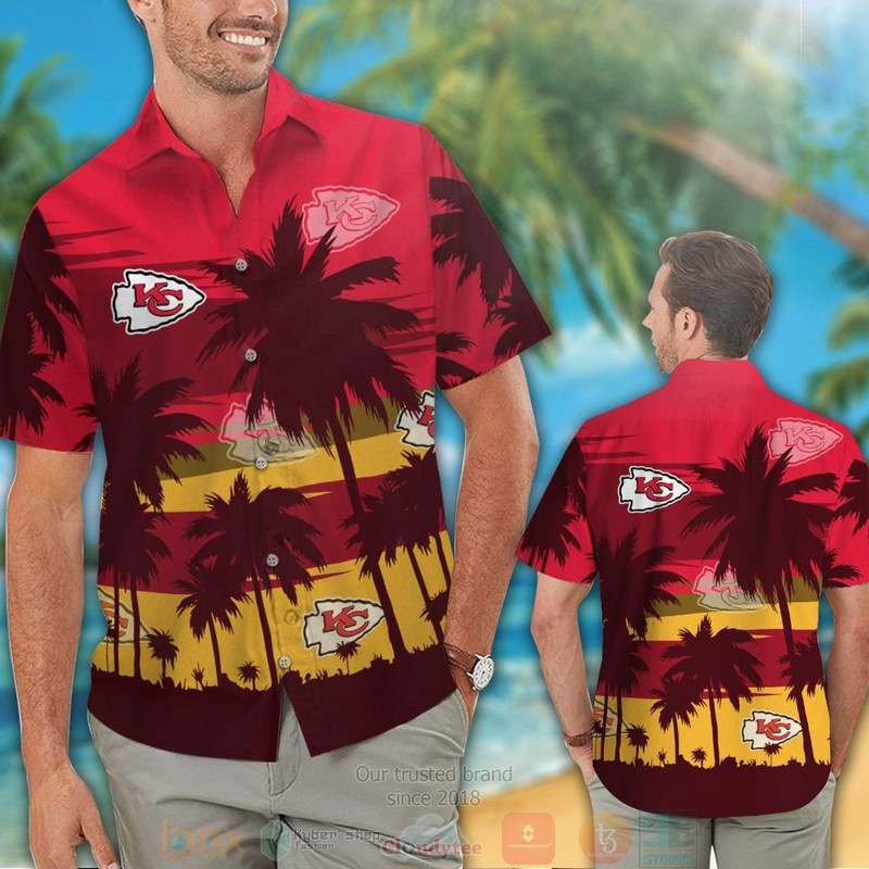 Kansas City Chiefs palm tree dark red hawaiian shirt and shorts 1