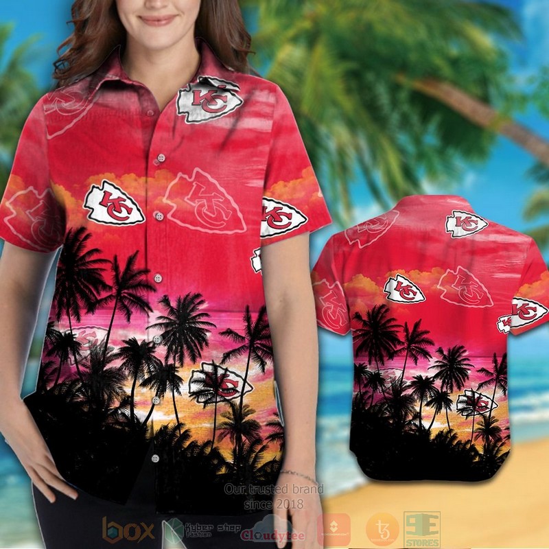 HOT Kansas City Chiefs palm tree red black hawaiian shirt and shorts 3 Kansas City Chiefs palm tree red black hawaiian shirt and shorts 1 2