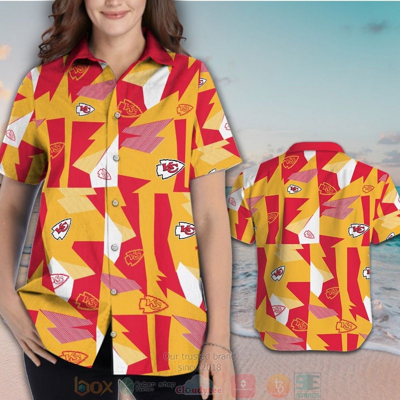 HOT Kansas City Chiefs yellow red hawaiian shirt and shorts 3 Kansas City Chiefs yellow red hawaiian shirt and shorts 1 2