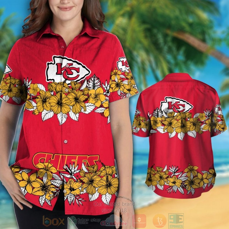HOT Kansas City Chiefs yellow tropical plants red hawaii shirt, shorts 3 Kansas City Chiefs yellow tropical plants red hawaii shirt shorts 1 2