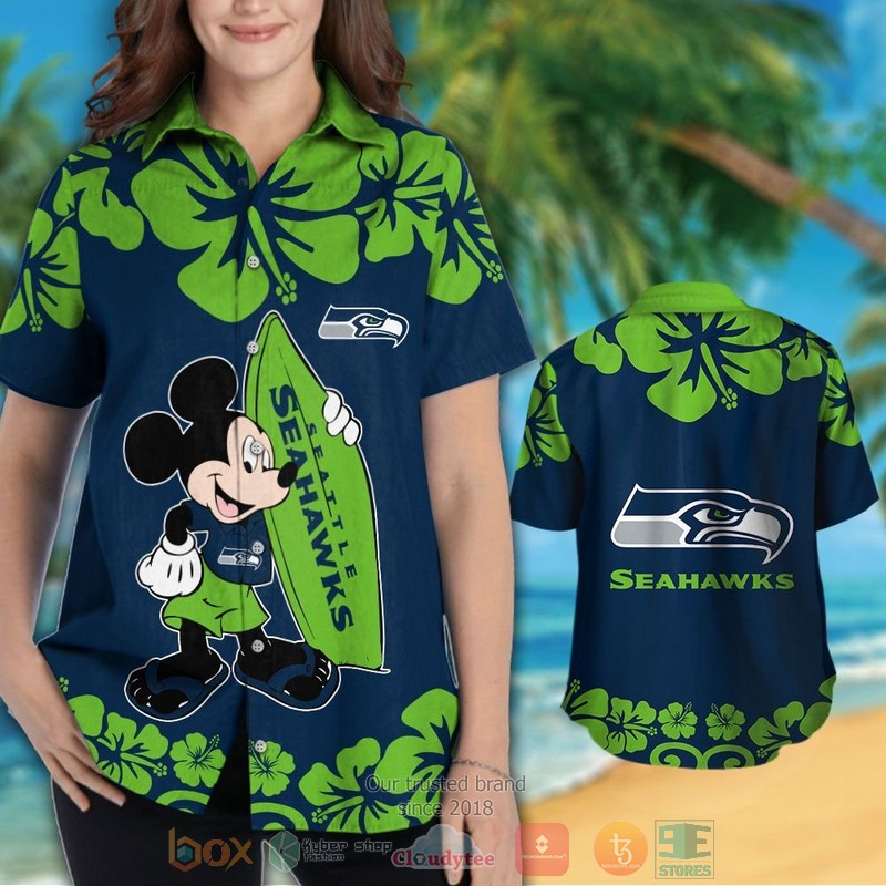 HOT Mickey Mouse Seattle Seahawks hawaiian shirt and shorts 3 Mickey Mouse Seattle Seahawks hawaiian shirt and shorts 1 2