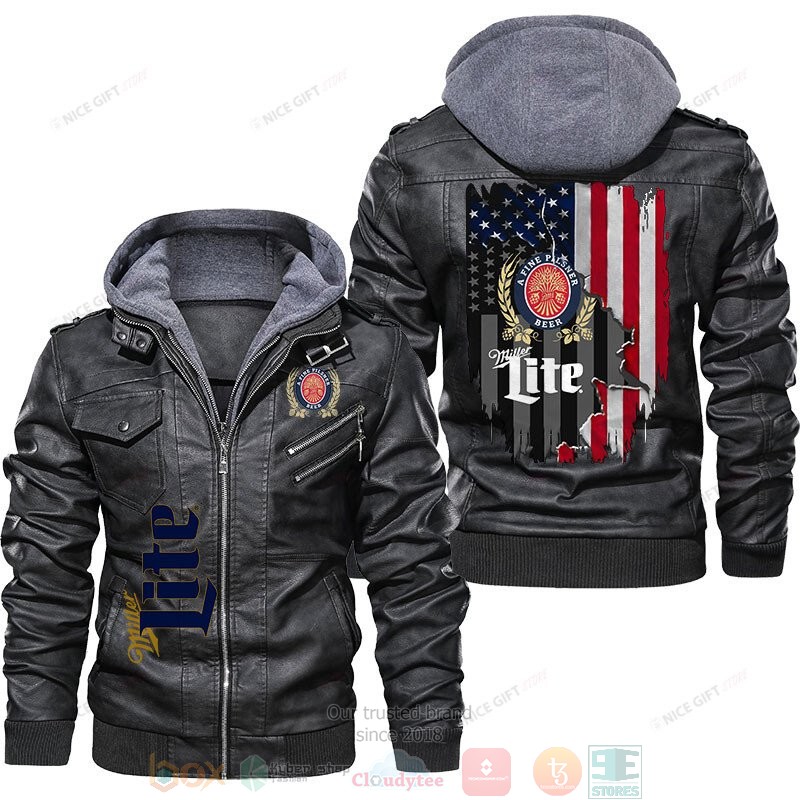 Miller Lite a Fine Pilsner Beer American flag Leather Jacket